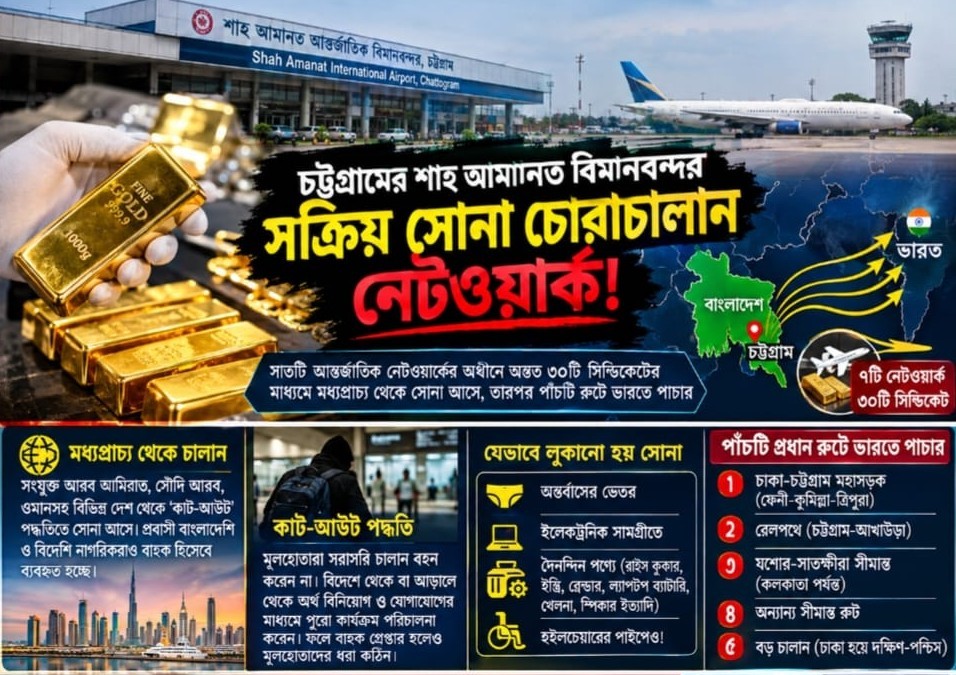 সোনা চোরাচালানে ৩০ সিন্ডিকেট: এক রুটে আসে, পাঁচ রুটে পাচার হয়