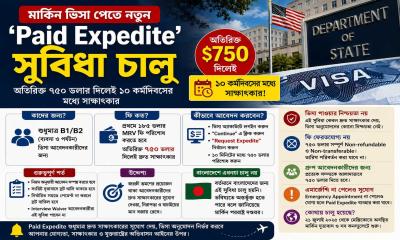মার্কিন ভিসা পেতে নতুন ‘Paid Expedite’ সুবিধা চালু: অতিরিক্ত ৭৫০ ডলার দিলেই ১০ কর্মদিবসের মধ্যে সাক্ষাৎকার