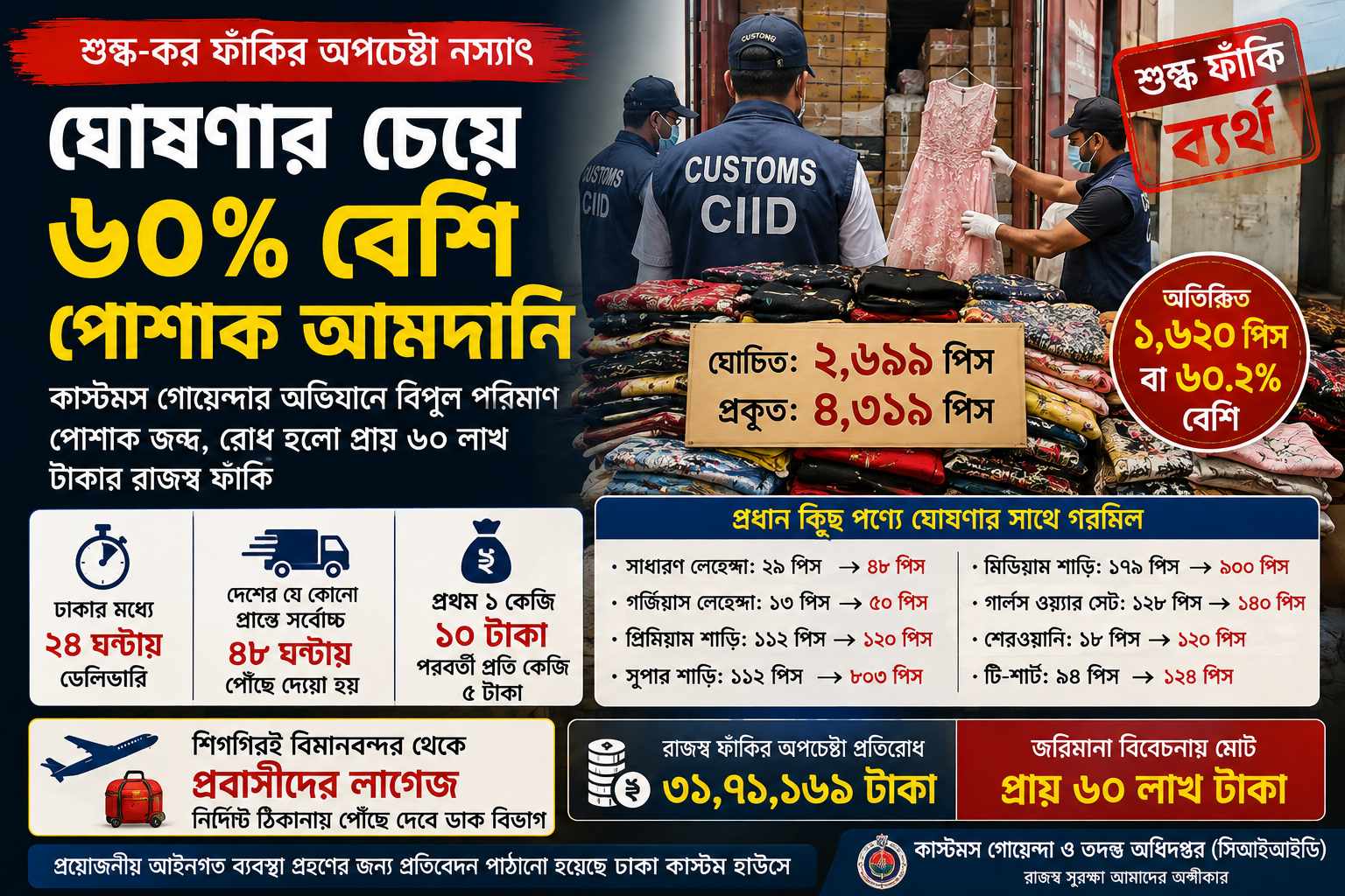 ঘোষণার চেয়ে ৬০% বেশি পোশাক আমদানি, কাস্টমস গোয়েন্দার অভিযানে শুল্ক ফাঁকির অপচেষ্টা নস্যাৎ