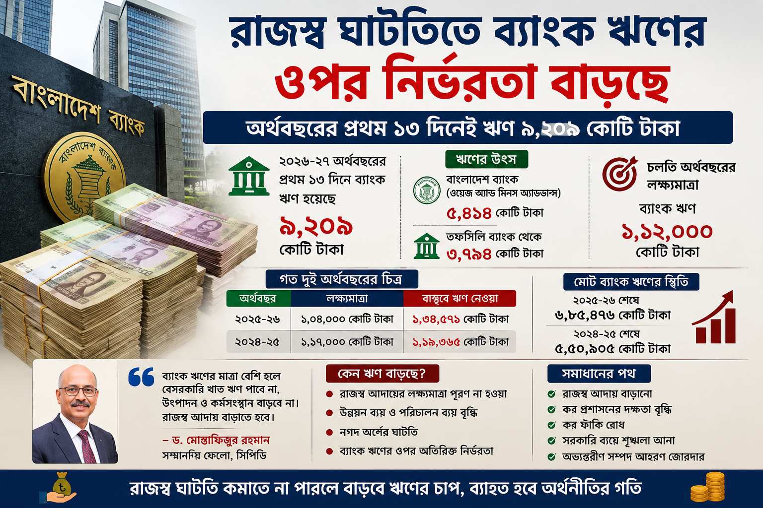 রাজস্ব ঘাটতিতে ব্যাংক ঋণের ওপর নির্ভরতা বাড়ছে, অর্থবছরের প্রথম ১৩ দিনেই সরকারের ঋণ ৯,২০৯ কোটি টাকা