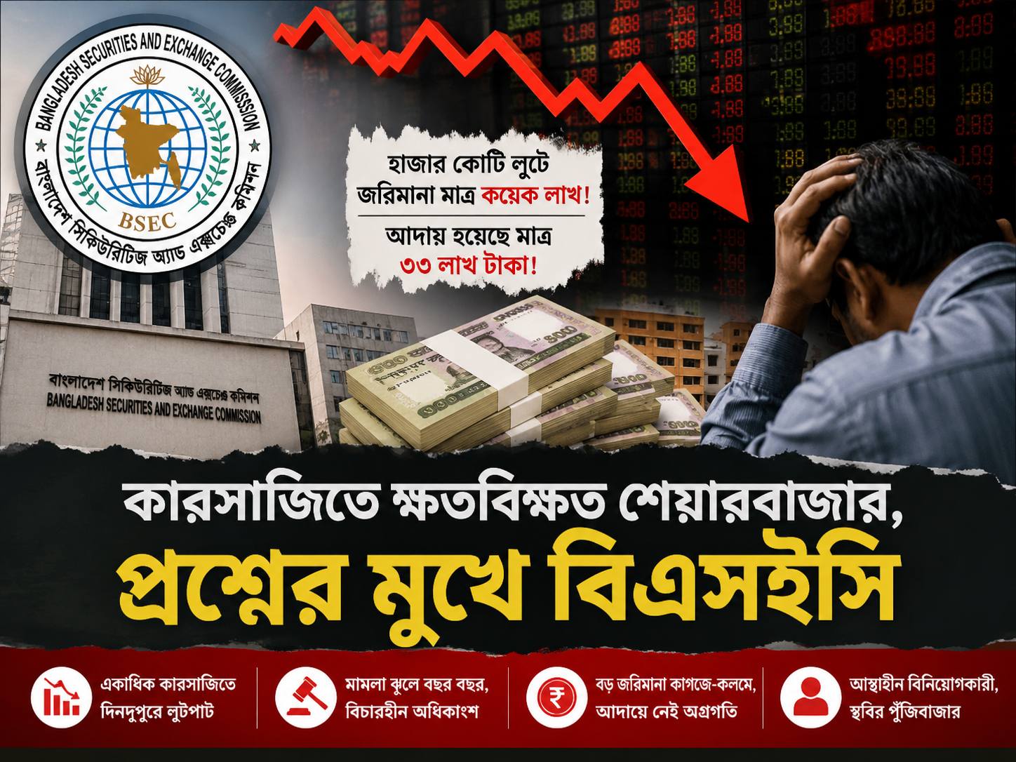 কারসাজিতে ক্ষতবিক্ষত শেয়ারবাজার, প্রশ্নের মুখে বিএসইসি